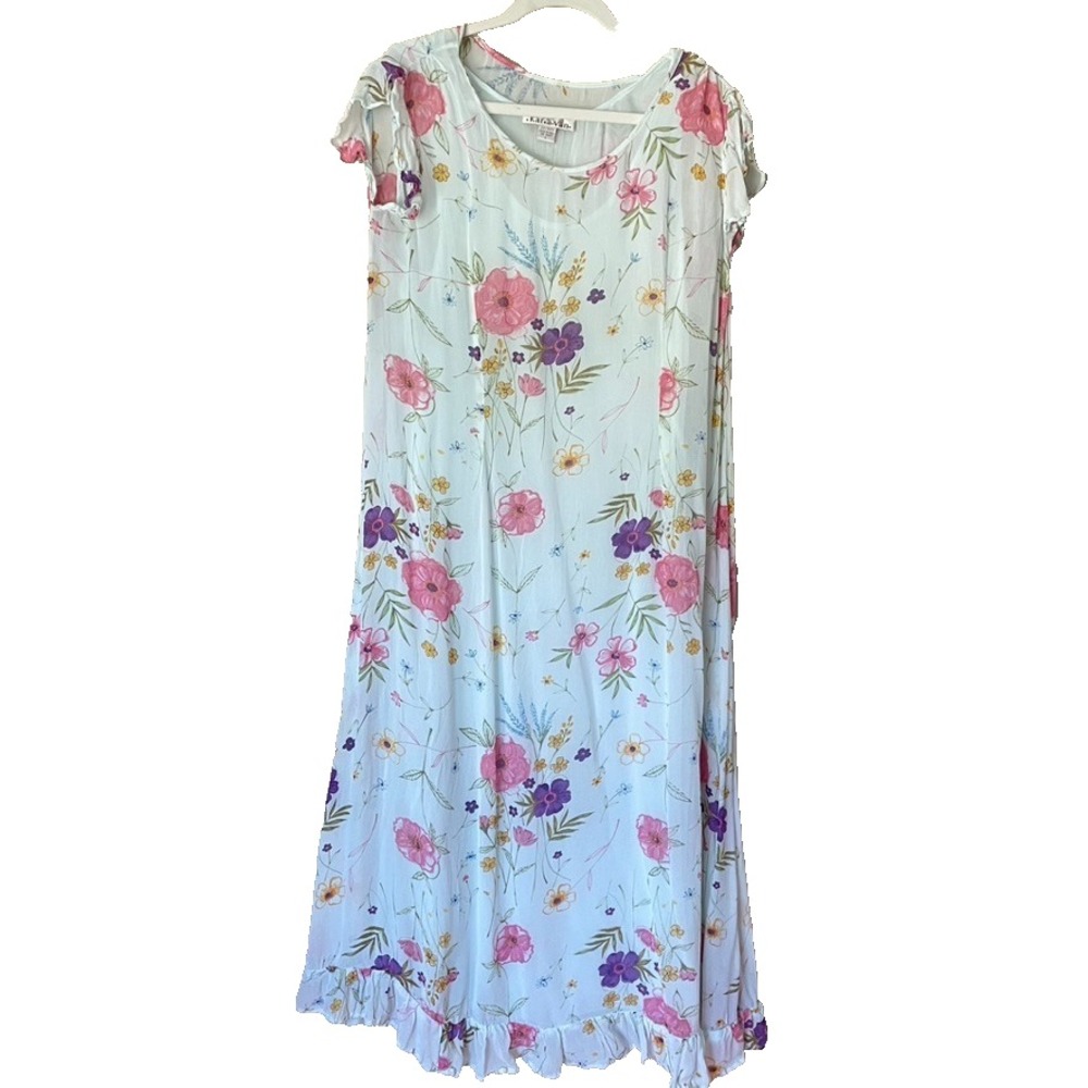 Karavan Light Blue Vintage Floral‎ Sheer Lined Flutter Sleeve Dress Size Large